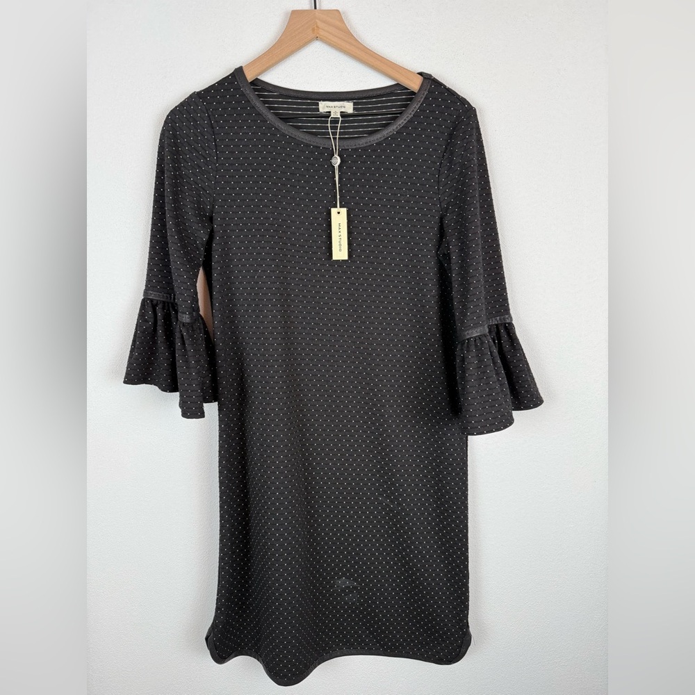 NWT Max Studio Shift Dress Black White Dots Ruffle Bell Sleeve Small
